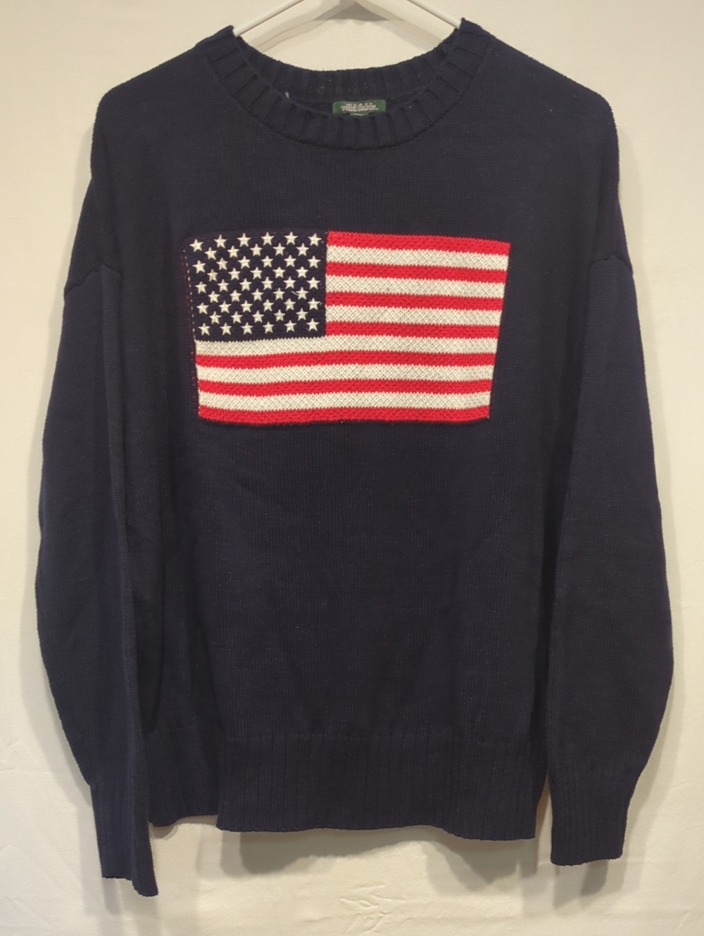 Wild Fable Navy Crewneck Sweater with Red White Flag Patch